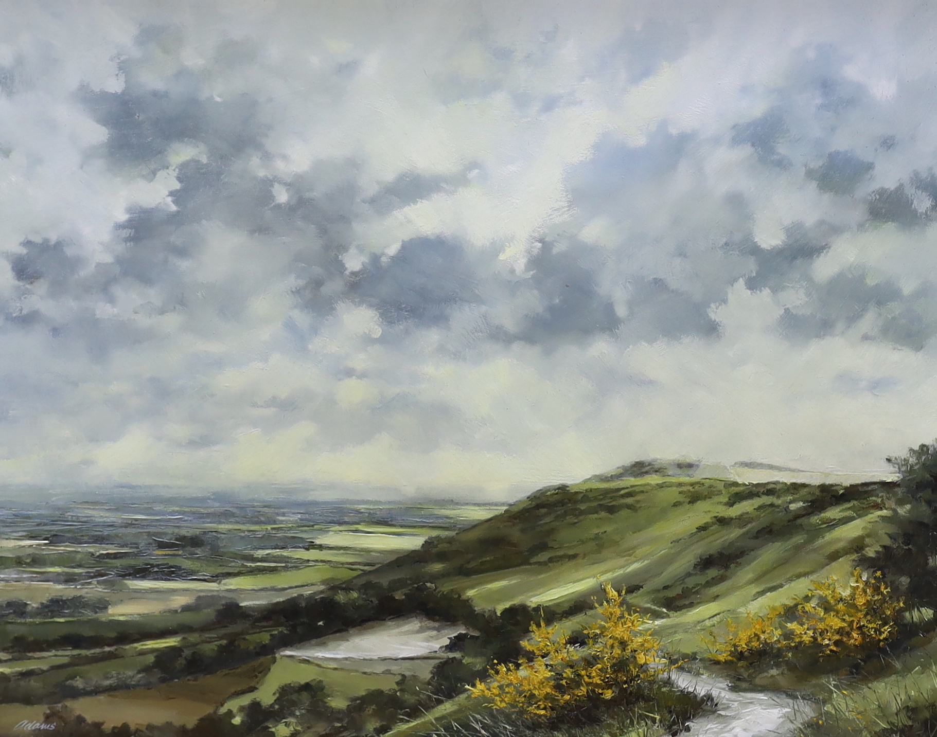 R. Adams, oil on board, View from Ditchling looking East, signed, 75 x 60cm
